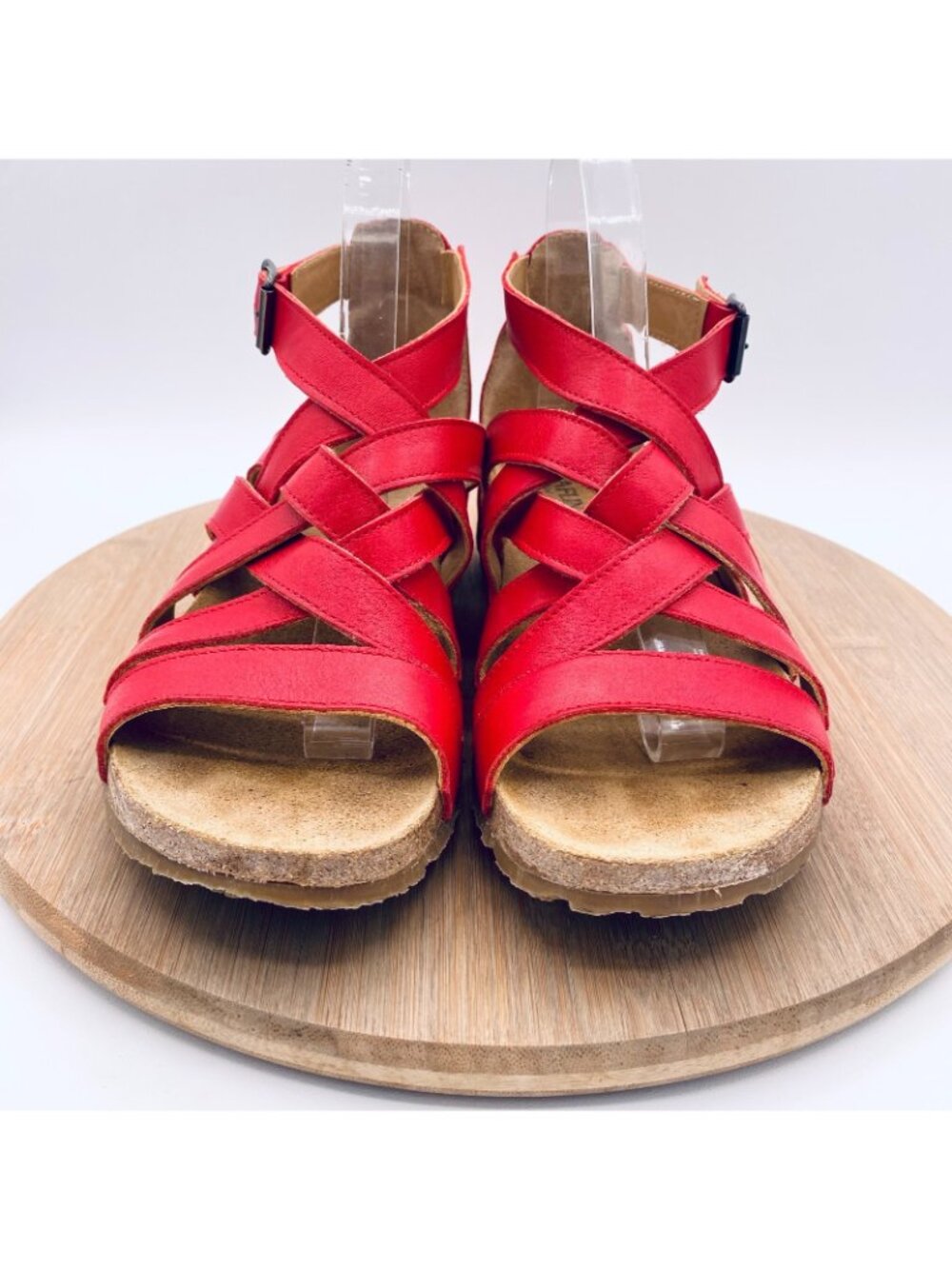 Haflinger Sandals Womens 7 38 Red Leather Ankle Strap Flats Peep Germany - Picture 2 of 13